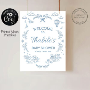 Editable Toile Teddies Picnic Baby Blue Shower Sign - Digital Corjl Template Printable A1 Portrait