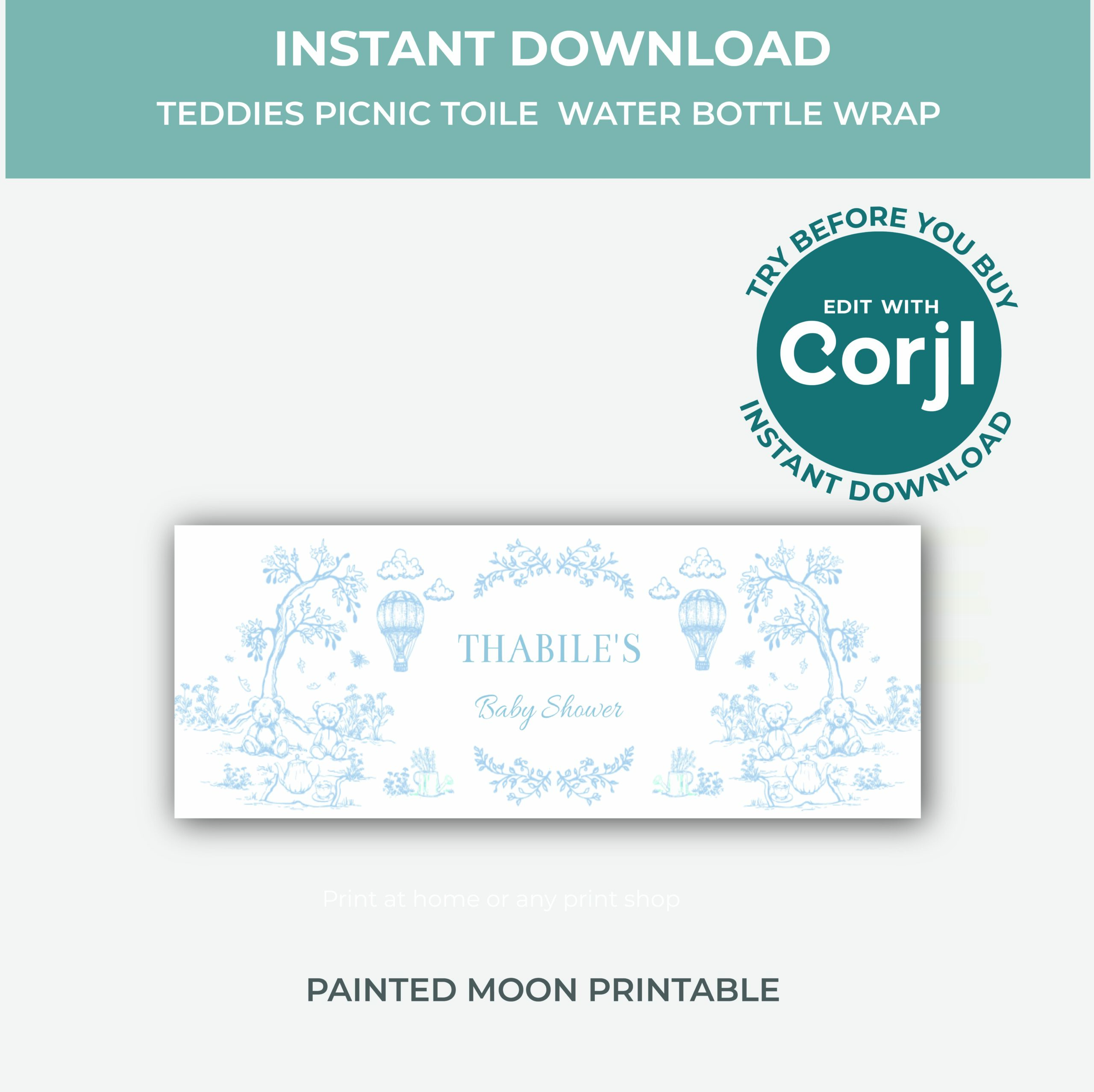 Editable Toile Teddies Picnic Baby Blue Shower Water Bottle Wrapper - Digital Corjl Template Printable - Image 4