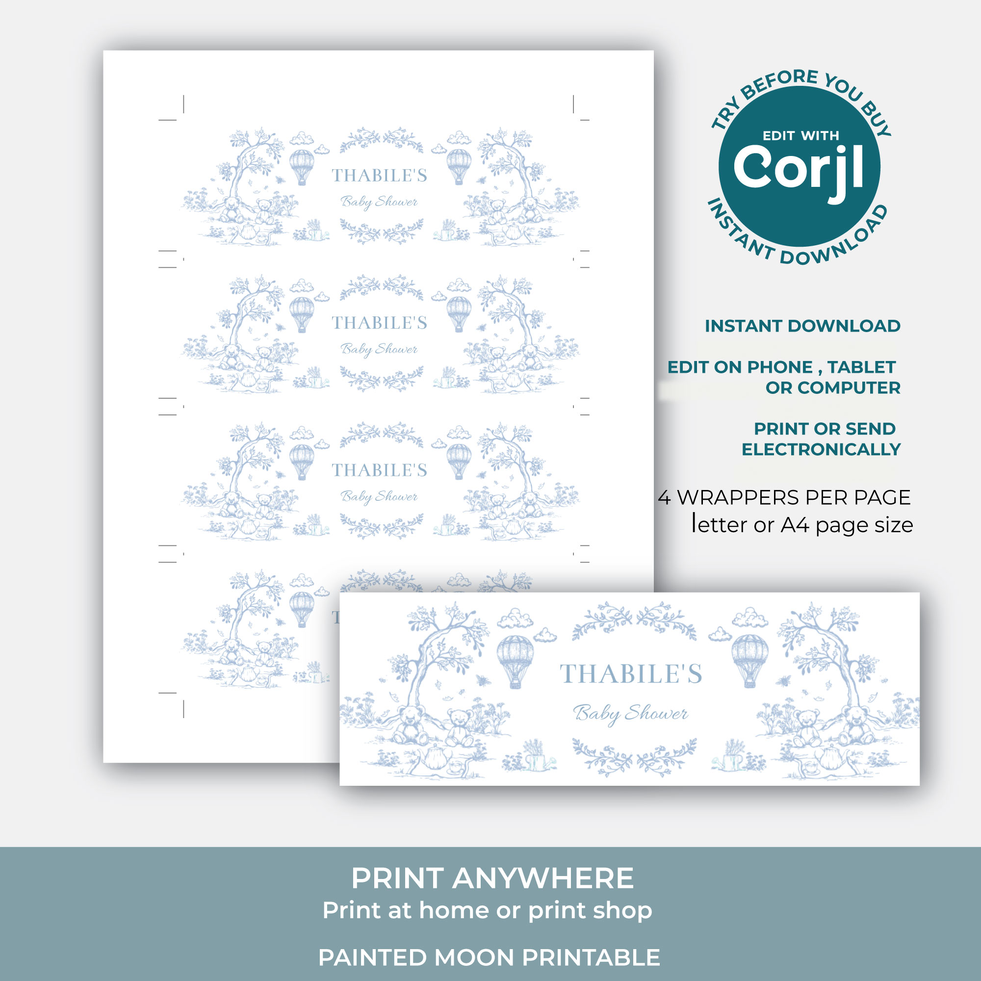 Editable Toile Teddies Picnic Baby Blue Shower Water Bottle Wrapper - Digital Corjl Template Printable - Image 5
