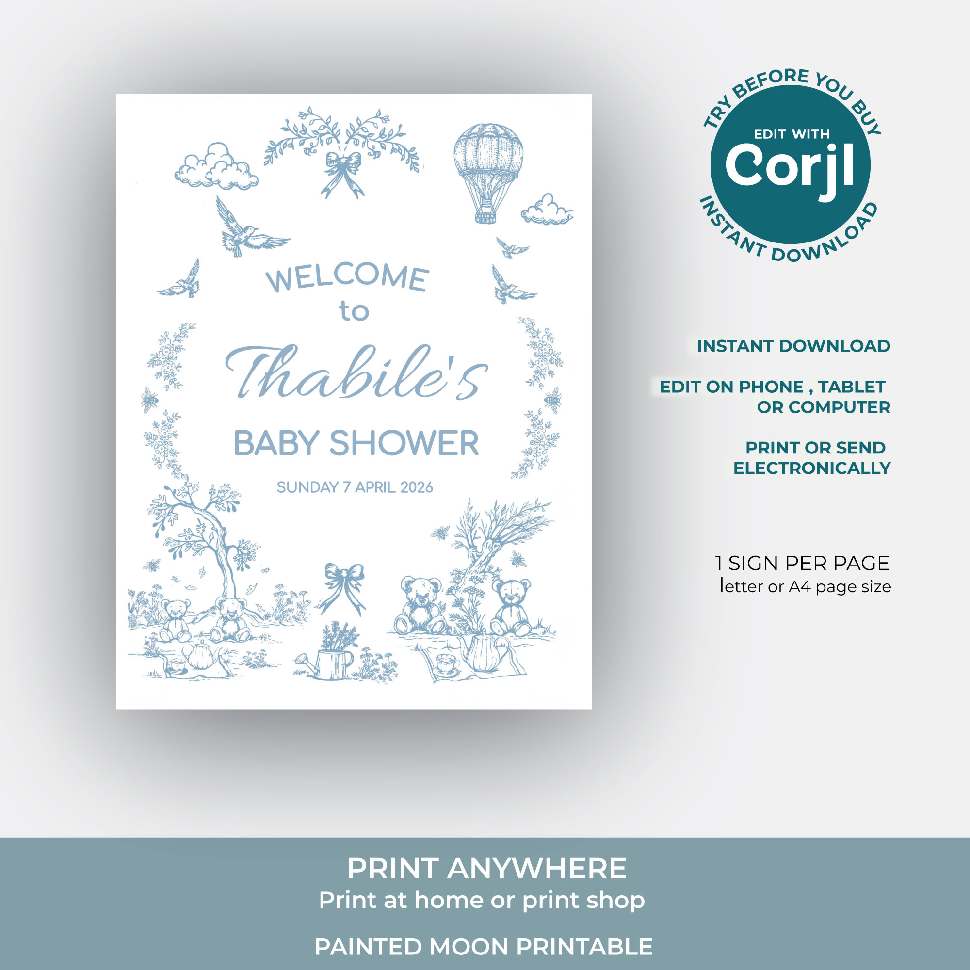 Editable Toile Teddies Picnic Baby Blue Shower Sign - Digital Corjl Template Printable A4 - Image 2