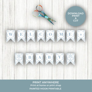 Teddies Picnic Baby Blue Shower Bunting- Welcome Baby Instant Download PDF