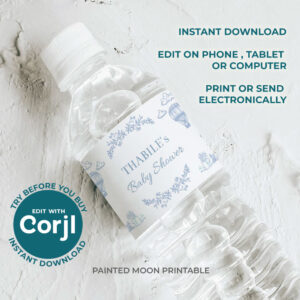Editable Toile Teddies Picnic Baby Blue Shower Water Bottle Wrapper - Digital Corjl Template Printable