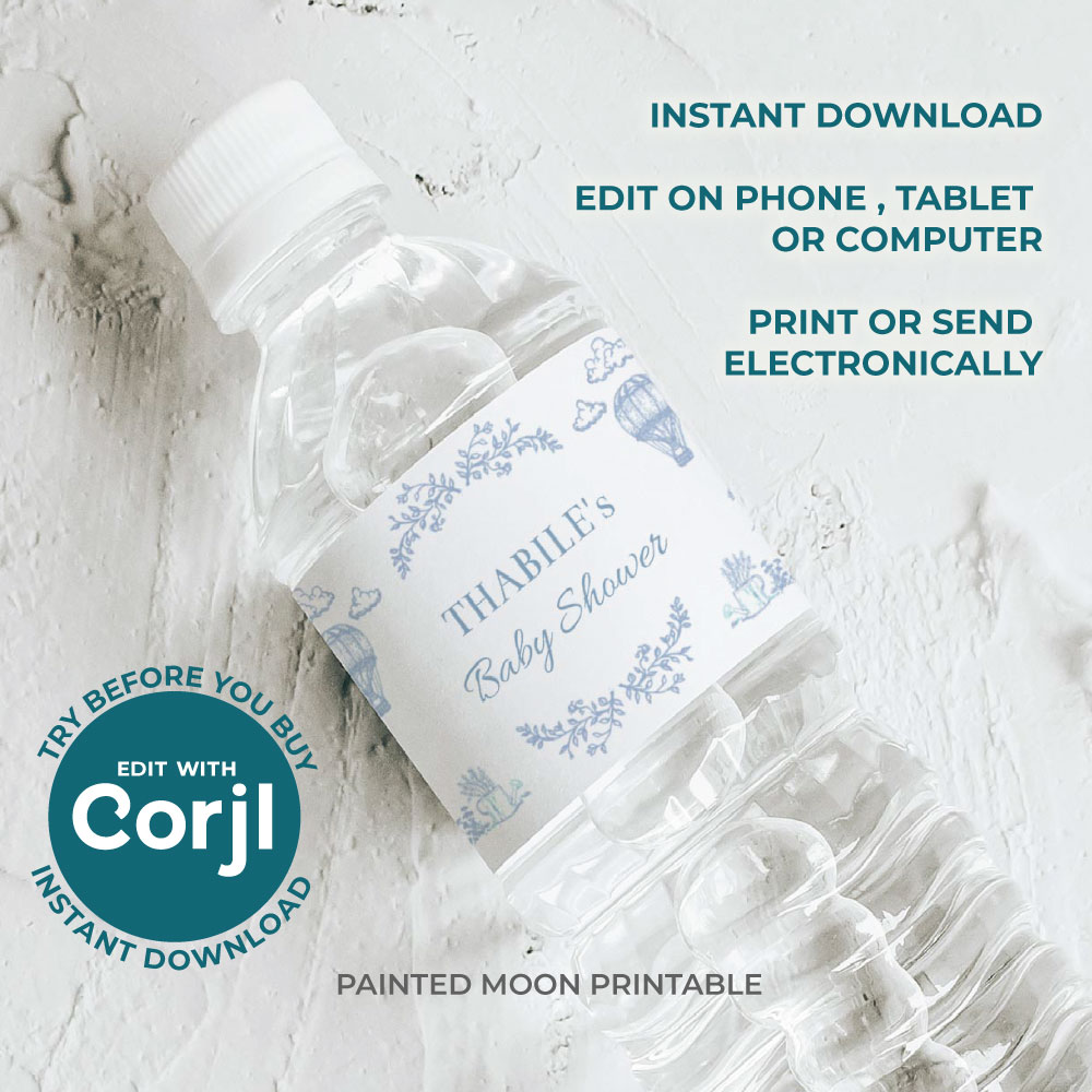 Editable Toile Teddies Picnic Baby Blue Shower Water Bottle Wrapper - Digital Corjl Template Printable