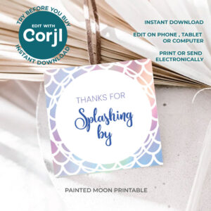 Mermaid Birthday Party Favor Tag 2.5" - Digital Corjl Template Printable