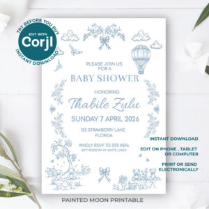 Editable Toile Teddies Picnic Baby  Blue Shower Invitation - Digital Corjl Template Printable  5" x7"