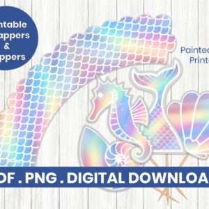 Mermaid Party Wrapper and Cupcake Toppers Printable PDF