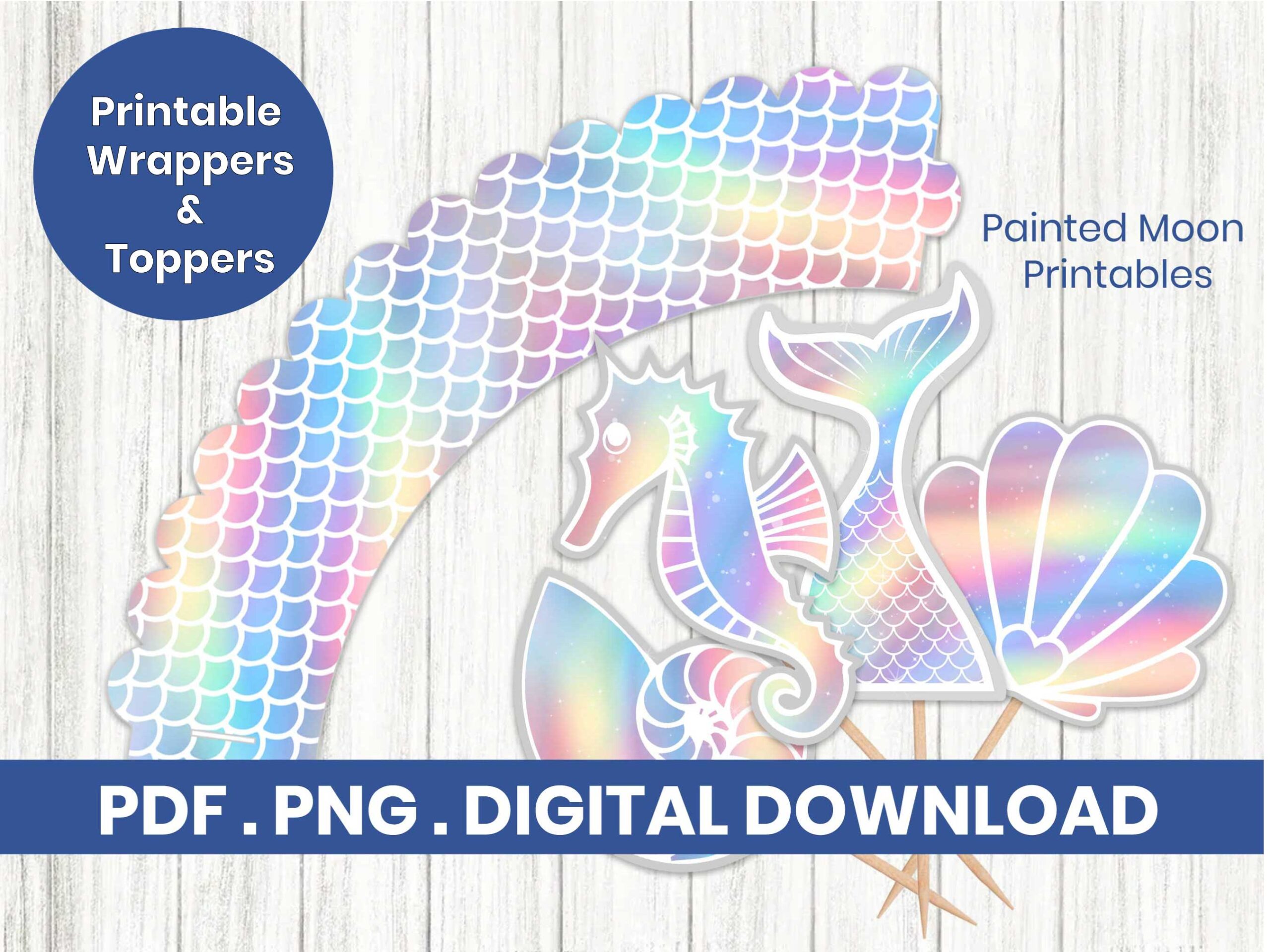 Mermaid Party Wrapper and Cupcake Toppers Printable PDF