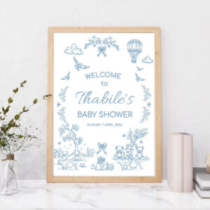 Editable Toile Teddies Picnic Baby  Blue Shower Sign - Digital Corjl Template Printable A4
