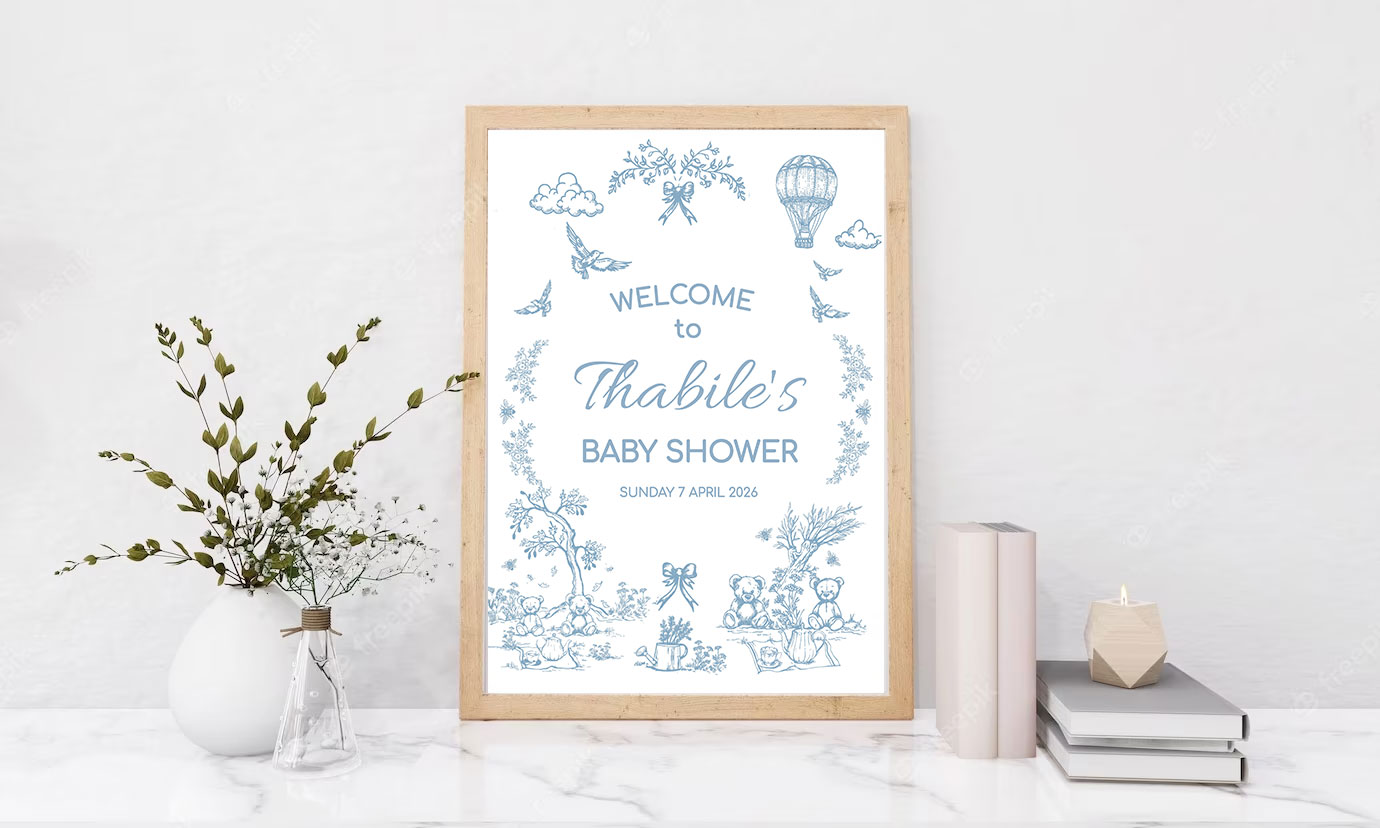 Editable Toile Teddies Picnic Baby Blue Shower Sign - Digital Corjl Template Printable A4