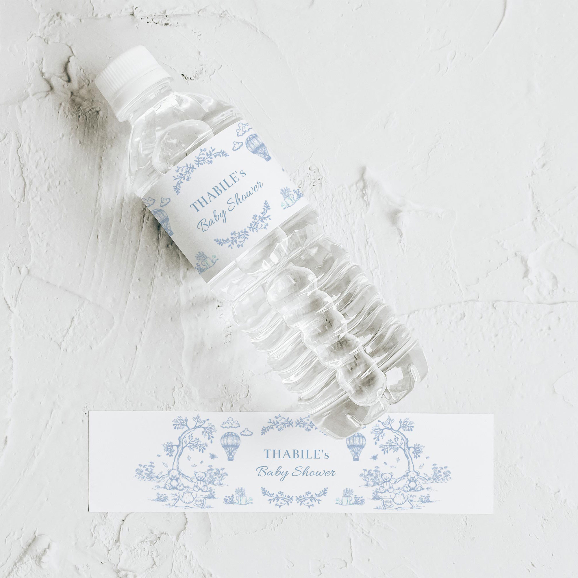 Editable Toile Teddies Picnic Baby Blue Shower Water Bottle Wrapper - Digital Corjl Template Printable - Image 3