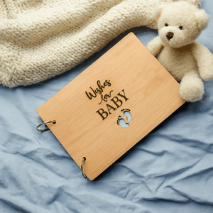 Wishes for Baby Guest Book A5 Wooden Book with Laser Cut Detail