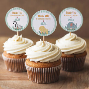 Safari Baby Shower Thank You Tags Printable – Elephant, Zebra & Lion in Green and Ochre