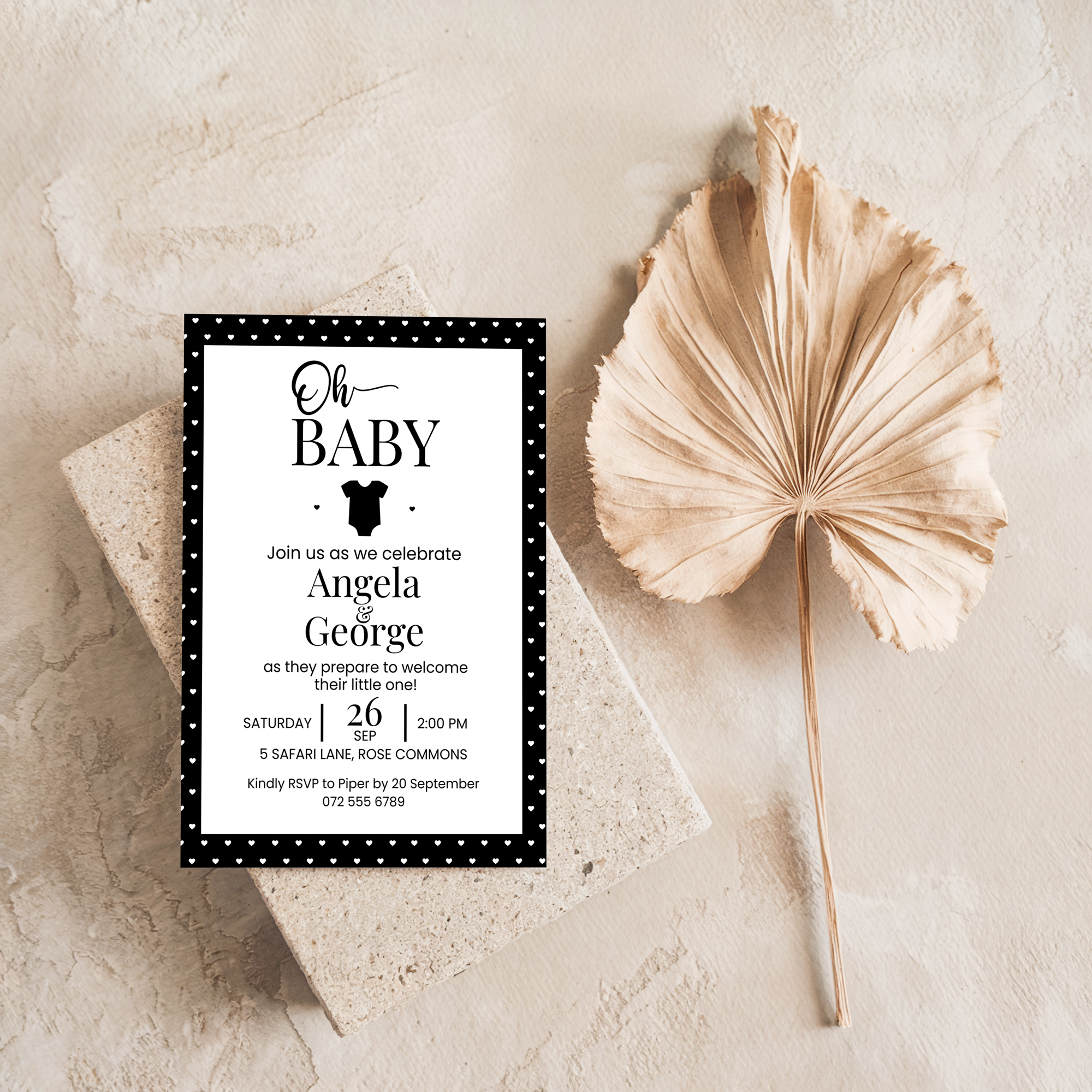 Editable Black and White Hearts Baby Shower Invitation - Black and White Gender Neutral Digital Corjl Template Printable 5" x7" - Image 2